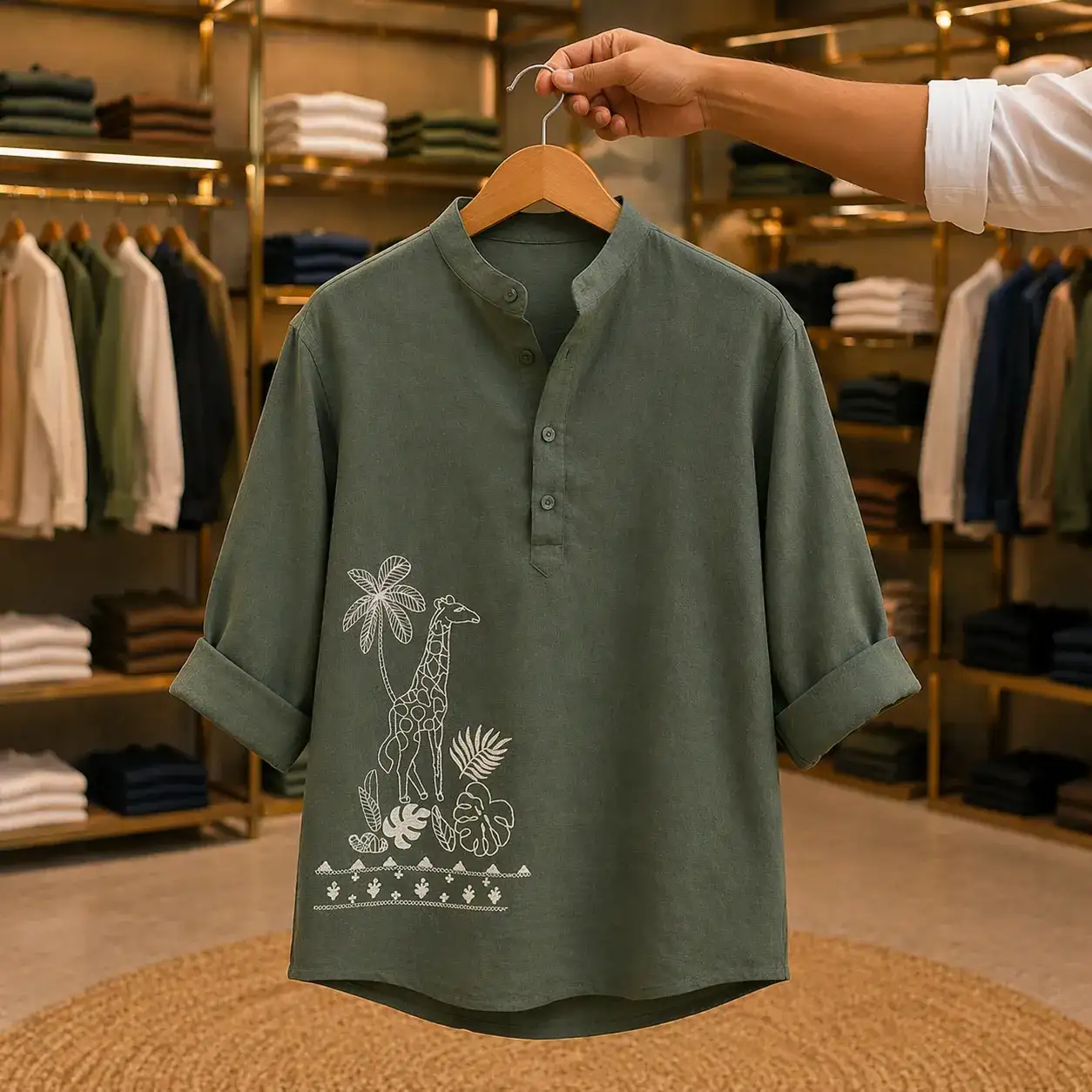 Men's Olive Green Giraffe Embroidery Henley Shirt